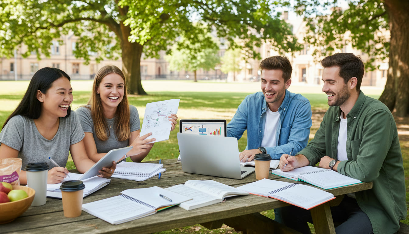 Photo Idea : A small study group outdoors, sharing notes and a laptop