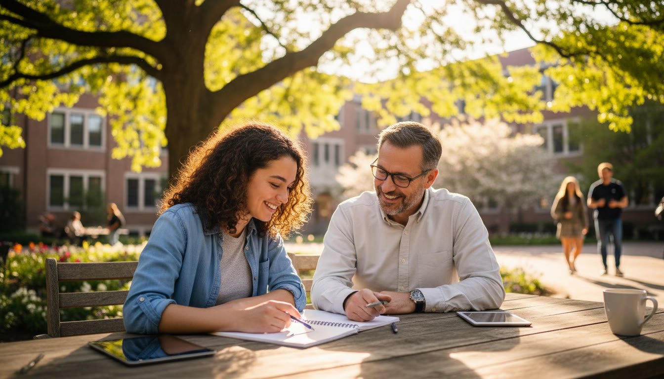 Photo Idea : Student and teacher sitting at a sunlit table reviewing a notebook together