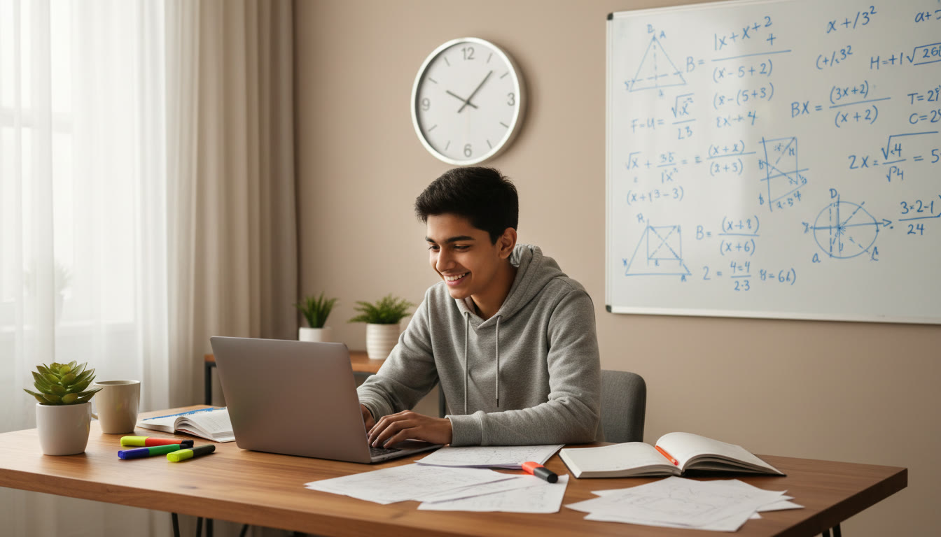 Photo Idea : A focused student at a desk with a laptop, scattered notebooks, a clock on the wall, and a whiteboard of physics equations in the background.