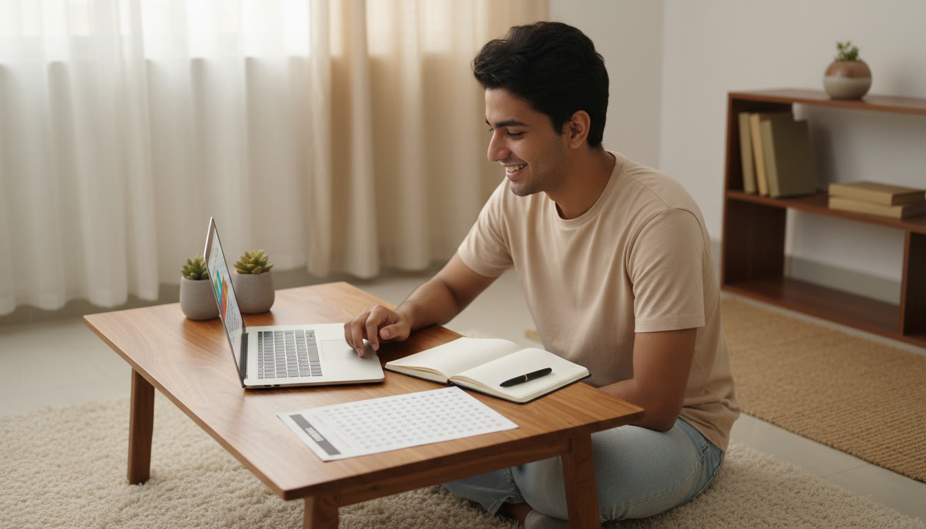 Photo Idea : A student filling out a preference list on a laptop, pen and notepad beside an OMR sheet