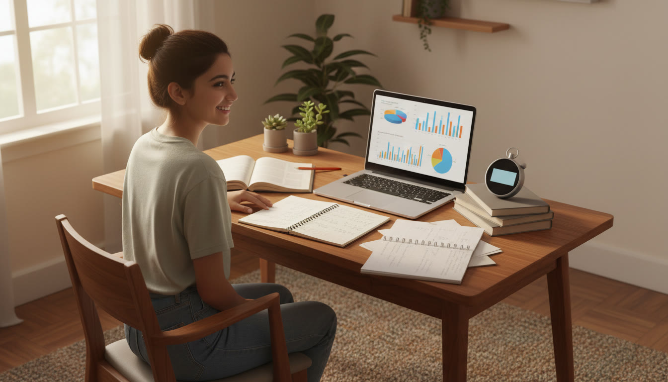 Photo Idea : A focused student at a study desk with scattered notebooks, a laptop showing mock-test analytics, and a stopwatch.
