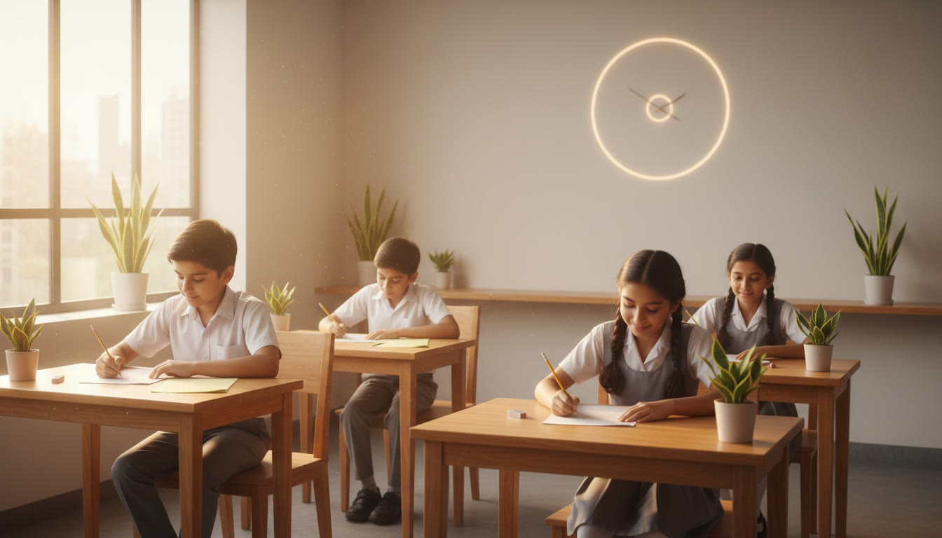 Photo Idea : A small group of students taking a timed mock test in a clean exam hall setting