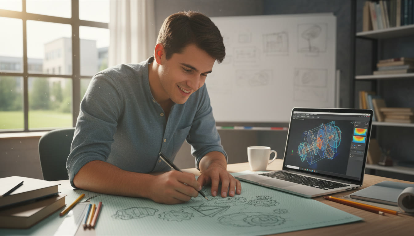 Photo Idea : A focused student sketching mechanical designs on graph paper beside a laptop running simulation software