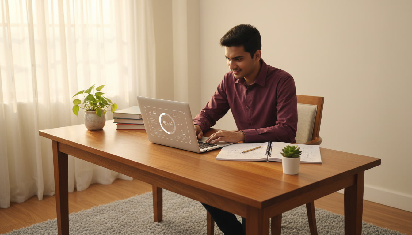 Photo Idea : Student at desk taking a full-length mock on a laptop with a visible countdown timer and neat handwritten workings on a notebook