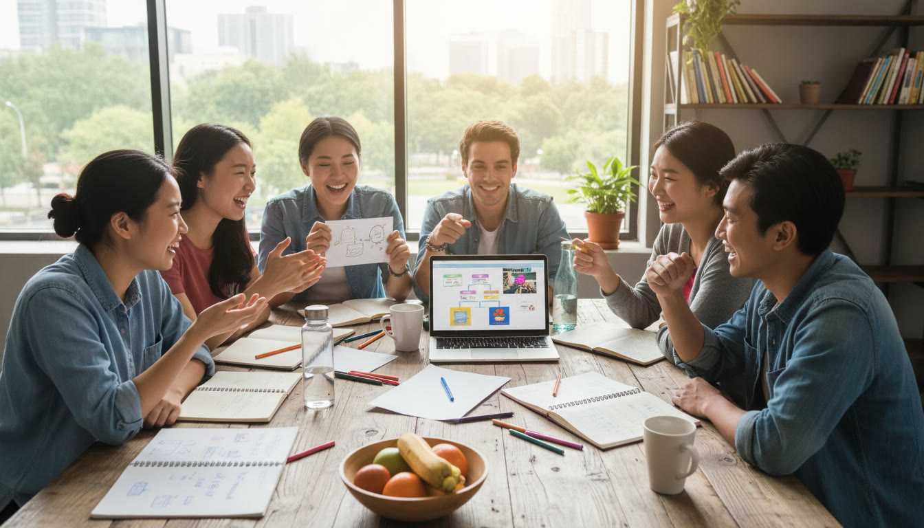 Photo Idea : A diverse group of IB students planning a CAS project at a table with notebooks and a laptop