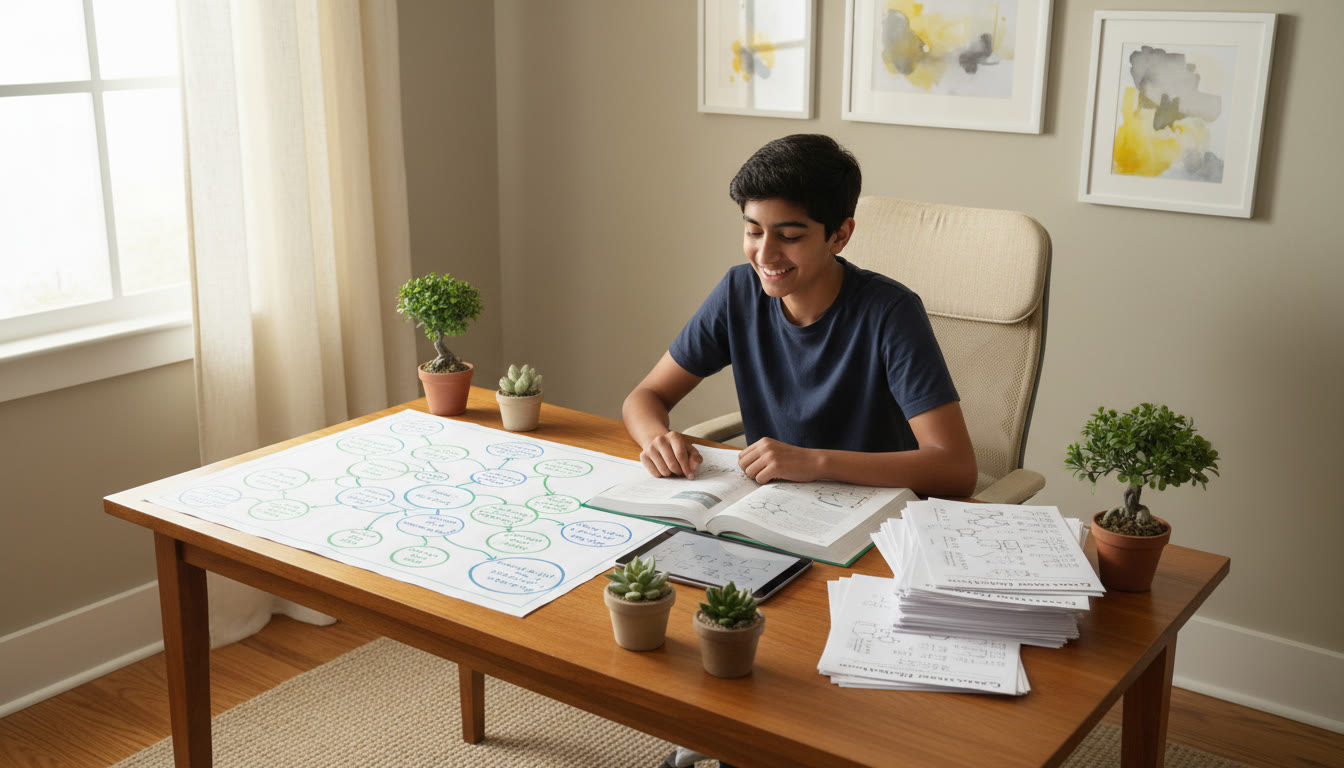 Photo Idea : Student at a desk with an IB concept map on one side and NEET/JEE practice sheets on the other