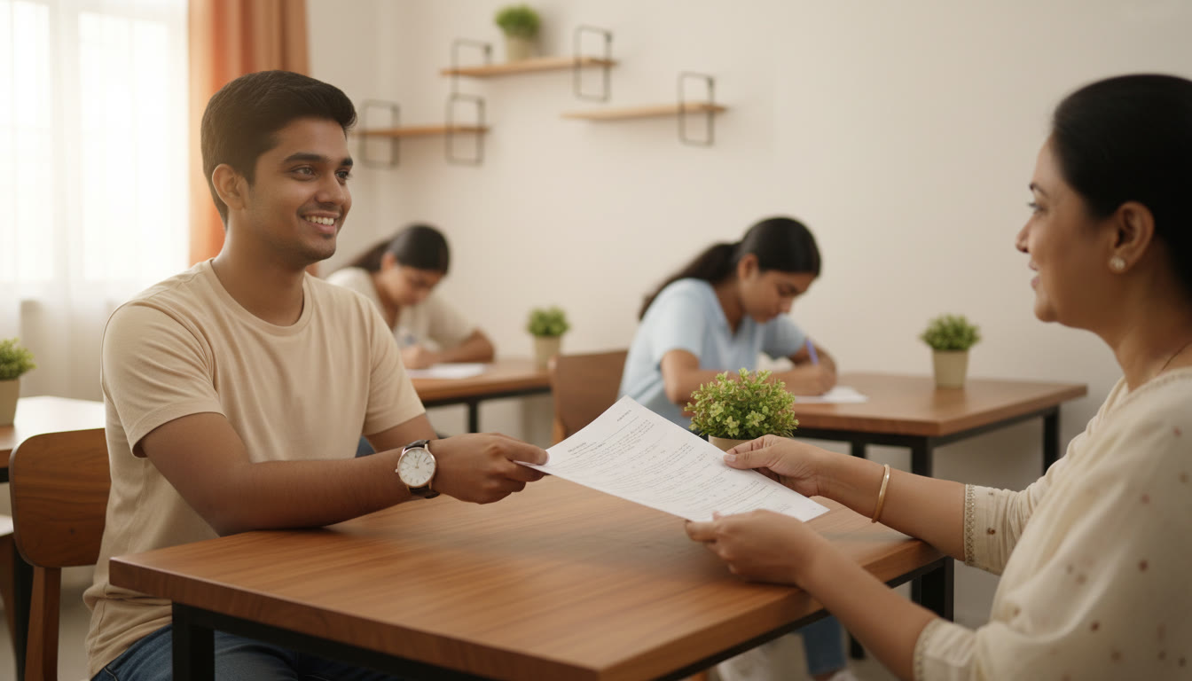 Photo Idea : A candidate handing over an answer sheet at an exam center with a visible analog watch showing time
