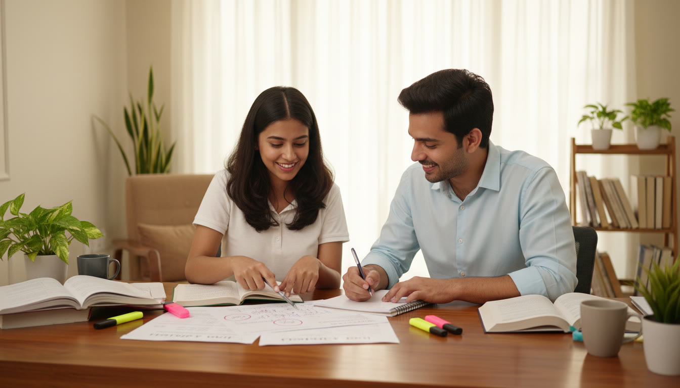 Photo Idea : a student and tutor reviewing a marked mock test, pointing at a problem and writing a short corrective plan