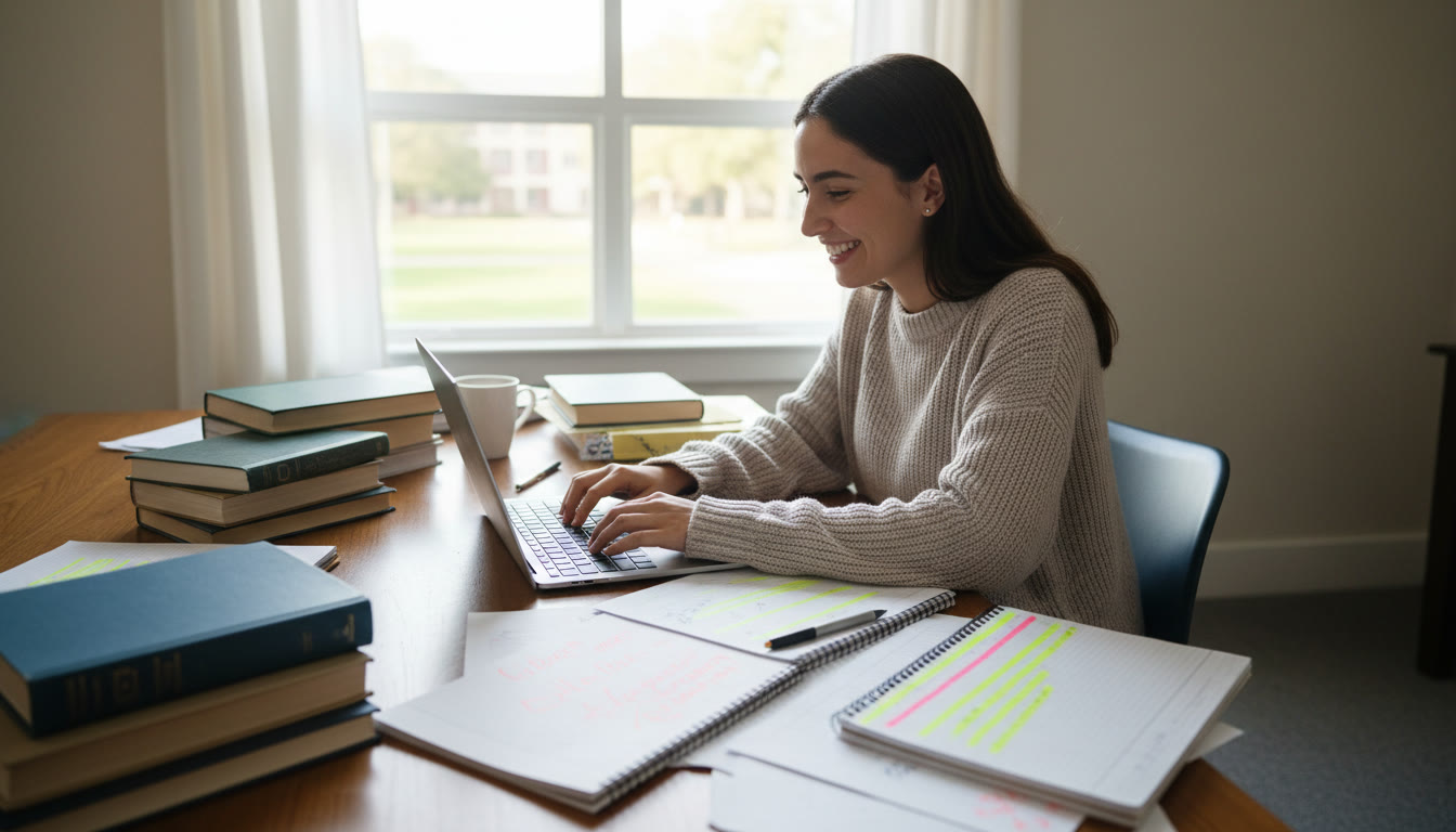 Photo Idea : A student typing the Extended Essay on a laptop surrounded by books and highlighted notes