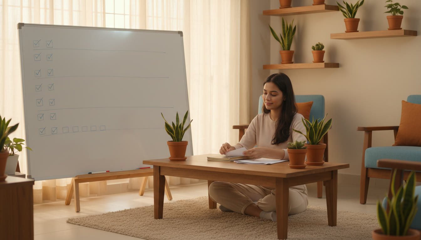 Photo Idea : A calm student folding notes and a visible checklist titled