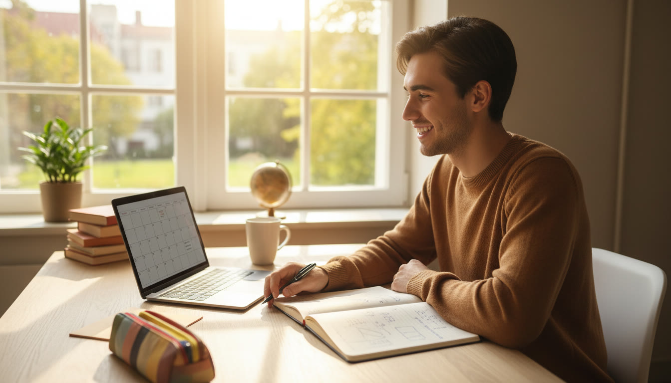 Photo Idea : A student with a laptop and a notebook planning a study calendar by a sunlit window