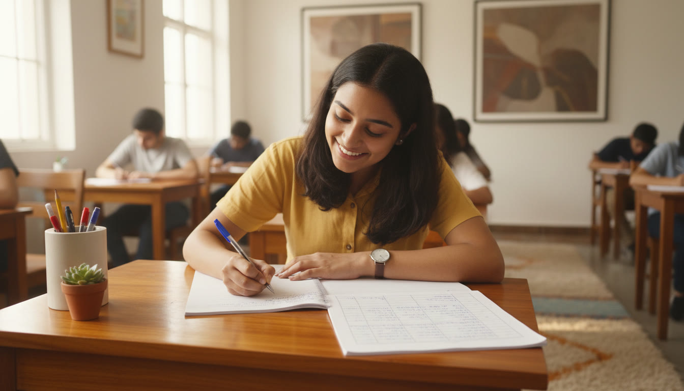Photo Idea : Student writing neatly in an exam hall with an organized answer sheet and a watch visible