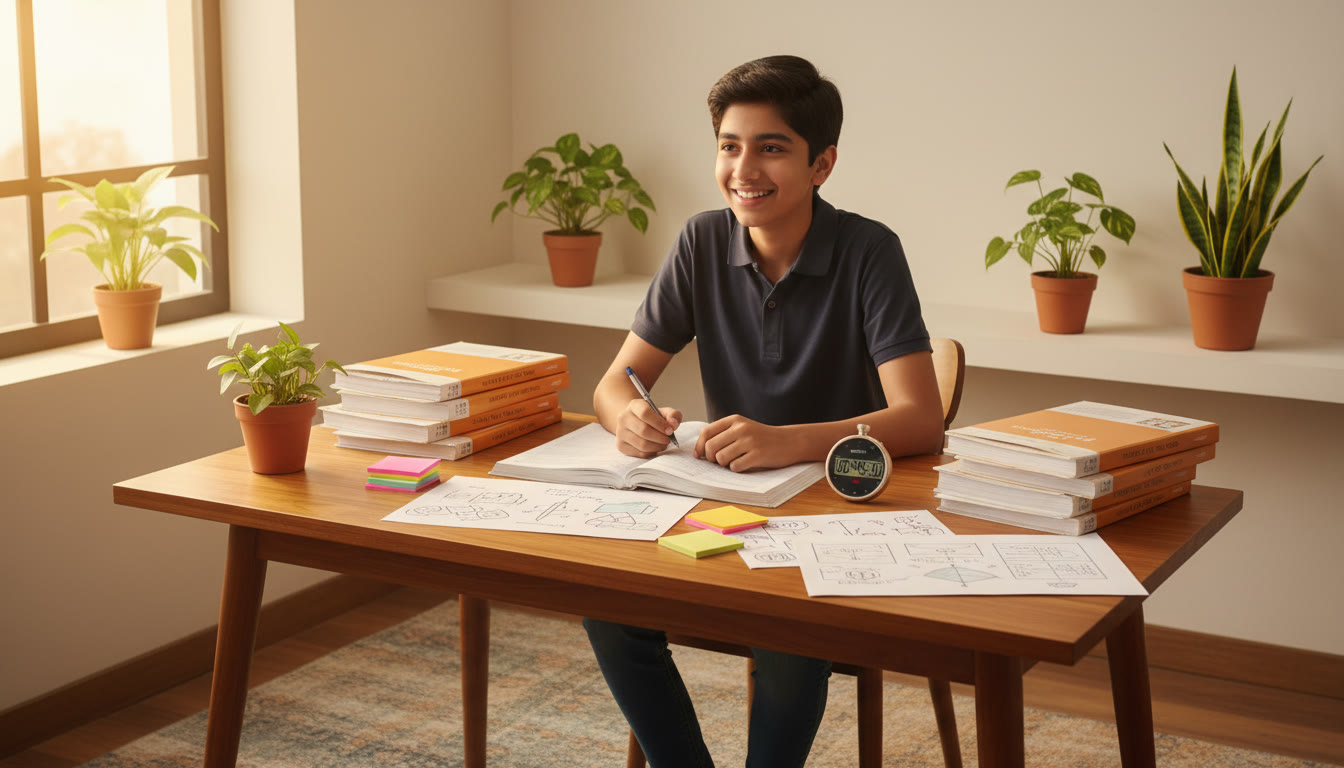 Photo Idea : A focused student at a desk surrounded by CBSE sample papers, a stopwatch, and colorful notes