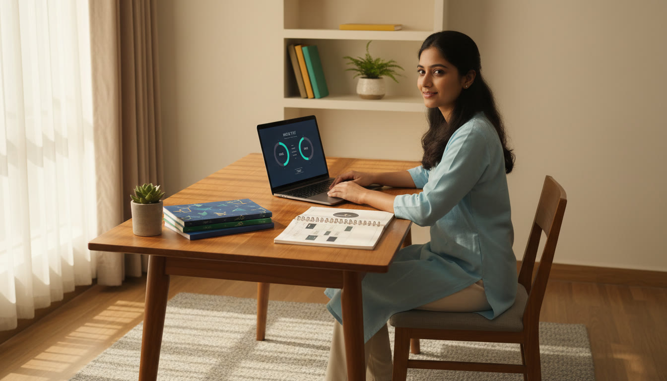 Photo Idea : A focused student at a tidy desk with a planner, laptop displaying a mock test timer, and neatly stacked physics, chemistry, and math notebooks