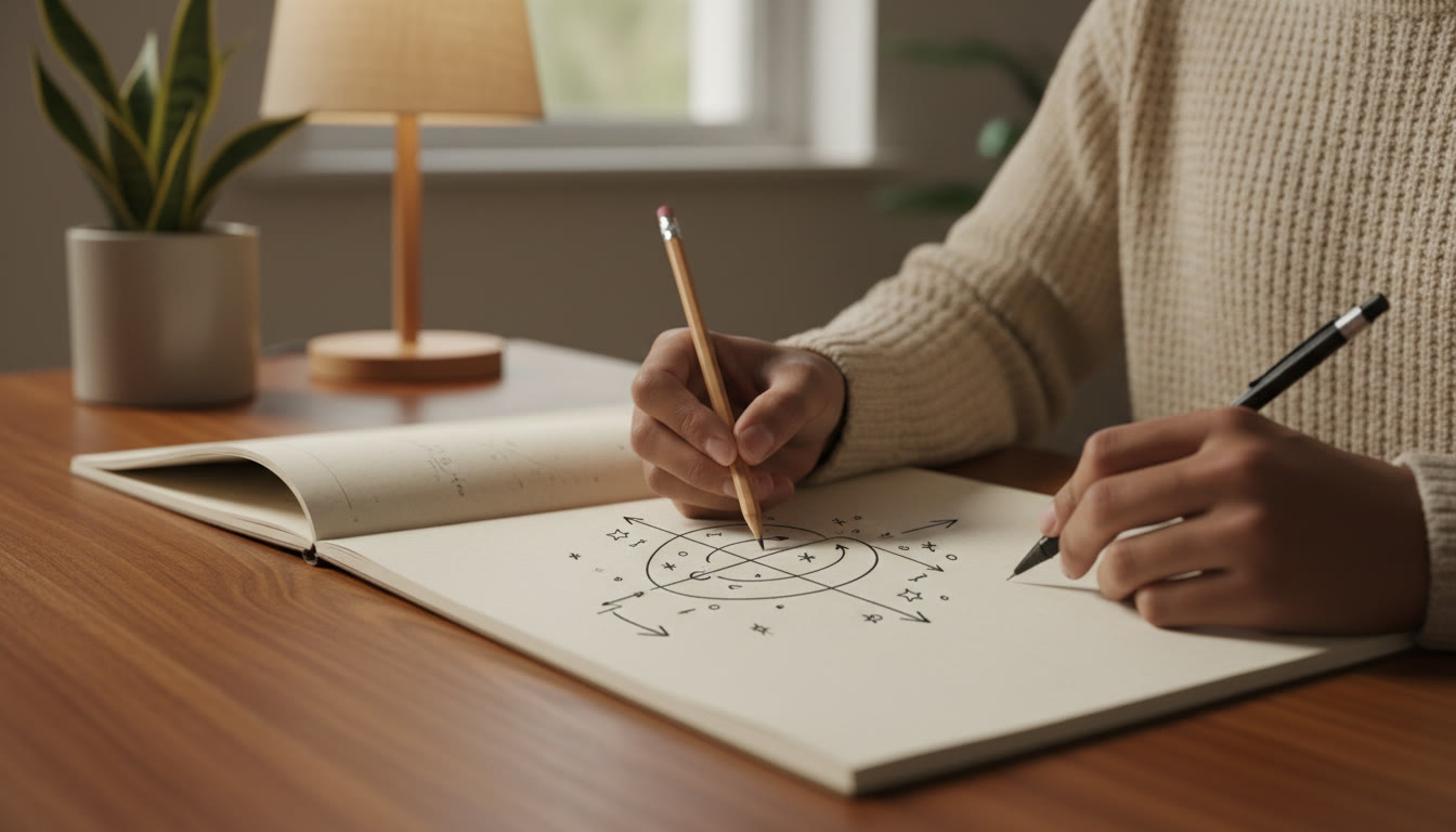 Photo Idea : Close-up of a student drawing and labelling a physics diagram with neat arrows and concise keywords