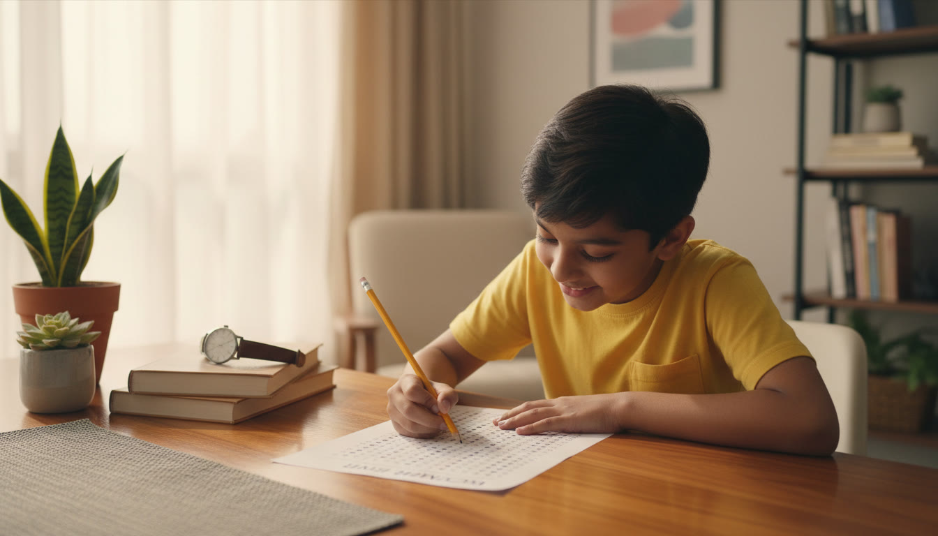 Photo Idea : A focused student filling an OMR sheet with a pencil and a watch beside them