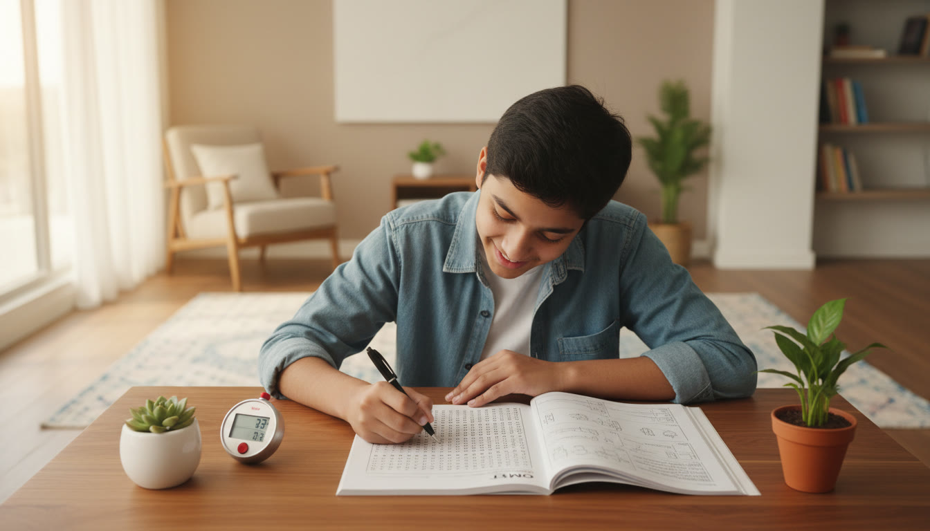 Photo Idea : focused student at a desk with a stopwatch and a question paper while marking an OMR sheet