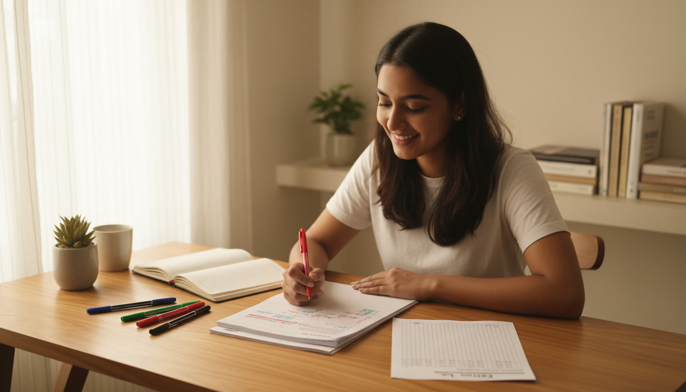 Photo Idea : Student at a tidy desk reviewing a completed NEET mock paper with colored pens, an error log notebook, and an OMR sheet visible
