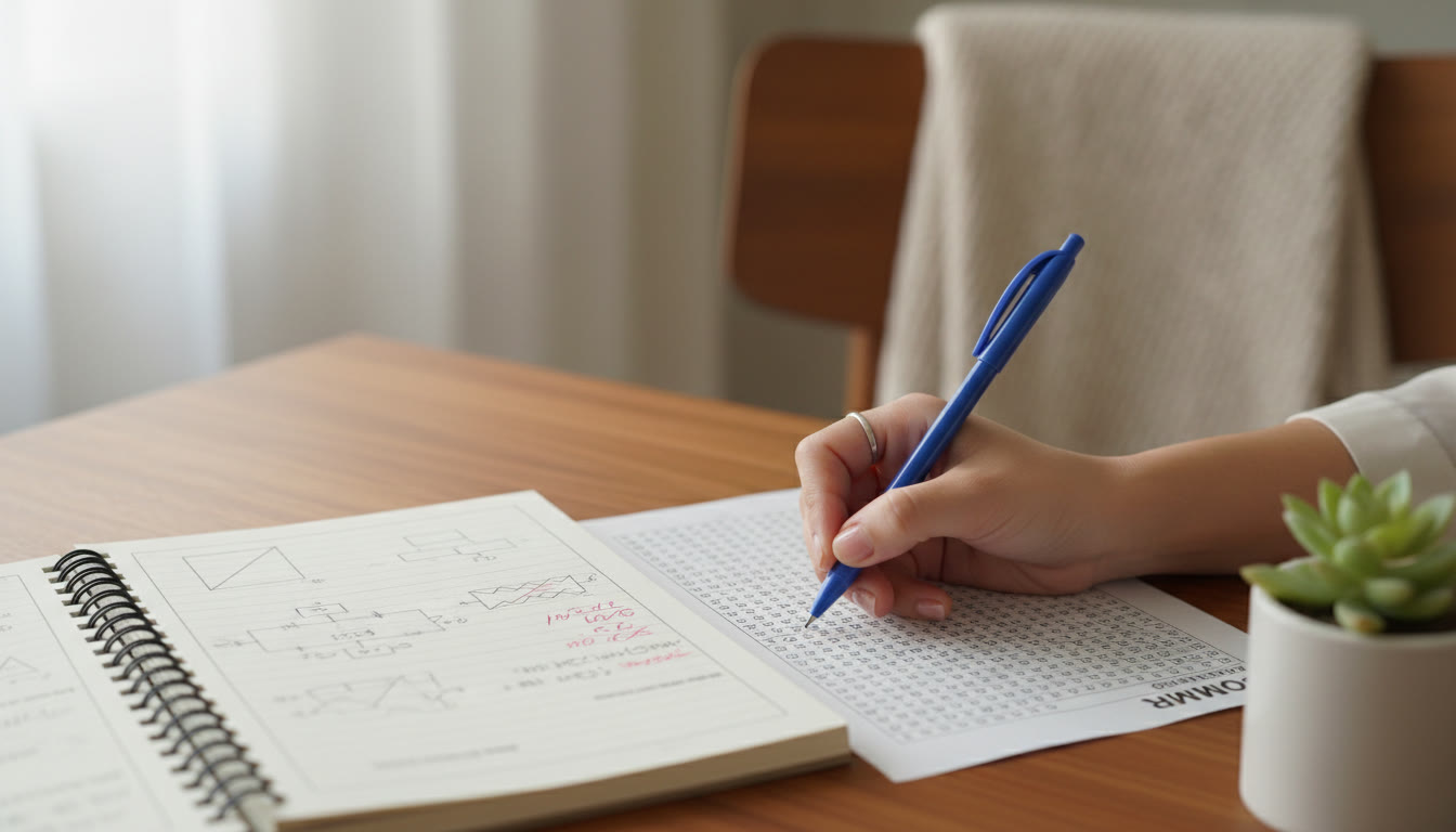 Photo Idea : Close-up of a hand marking answers on an OMR sheet with a neat error-analysis notebook beside it