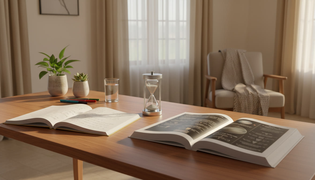 Photo Idea : A tidy study desk with open notebooks, a textbook opened to a physics diagram, and a timer set for practice.