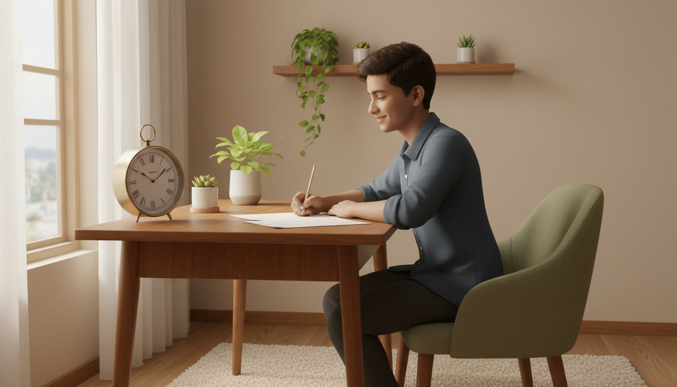 Photo Idea : Student at a tidy desk checking an analog clock while marking answers on a test paper