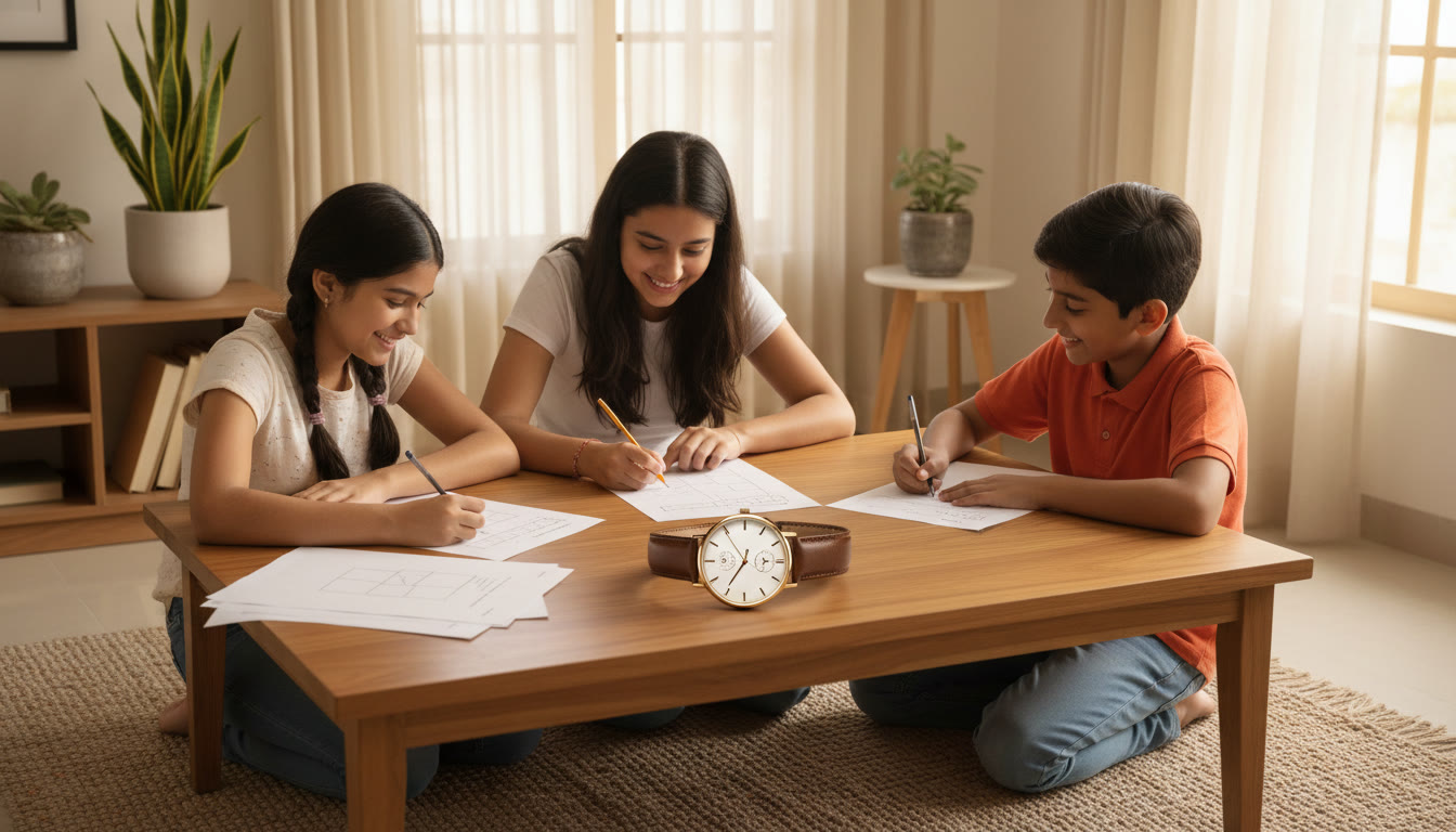 Photo Idea : A small study group doing a timed mock test with a watch and neat answer sheets