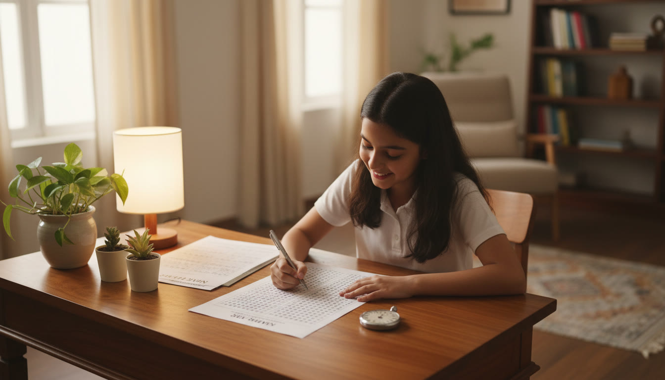 Photo Idea : A student taking a timed mock test at a desk with an OMR sheet and a stopwatch