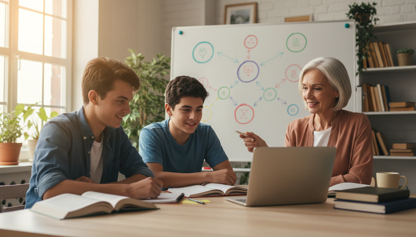 Photo Idea : Two students working with a tutor over a laptop, a whiteboard with a plan behind them