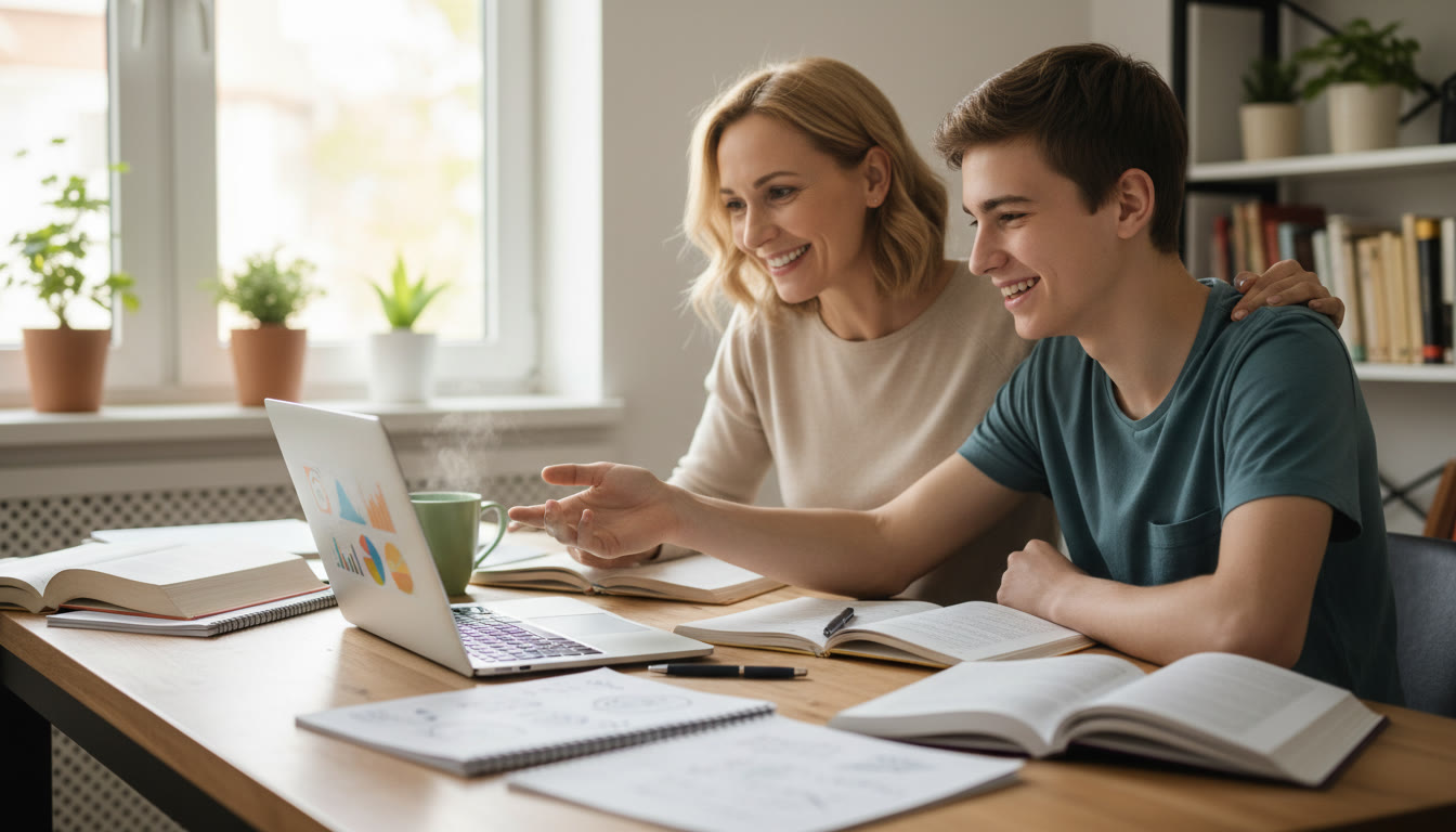 Photo Idea : a parent and teen sitting at a kitchen table with a laptop, notebooks, and a cup of tea, looking collaborative and relaxed