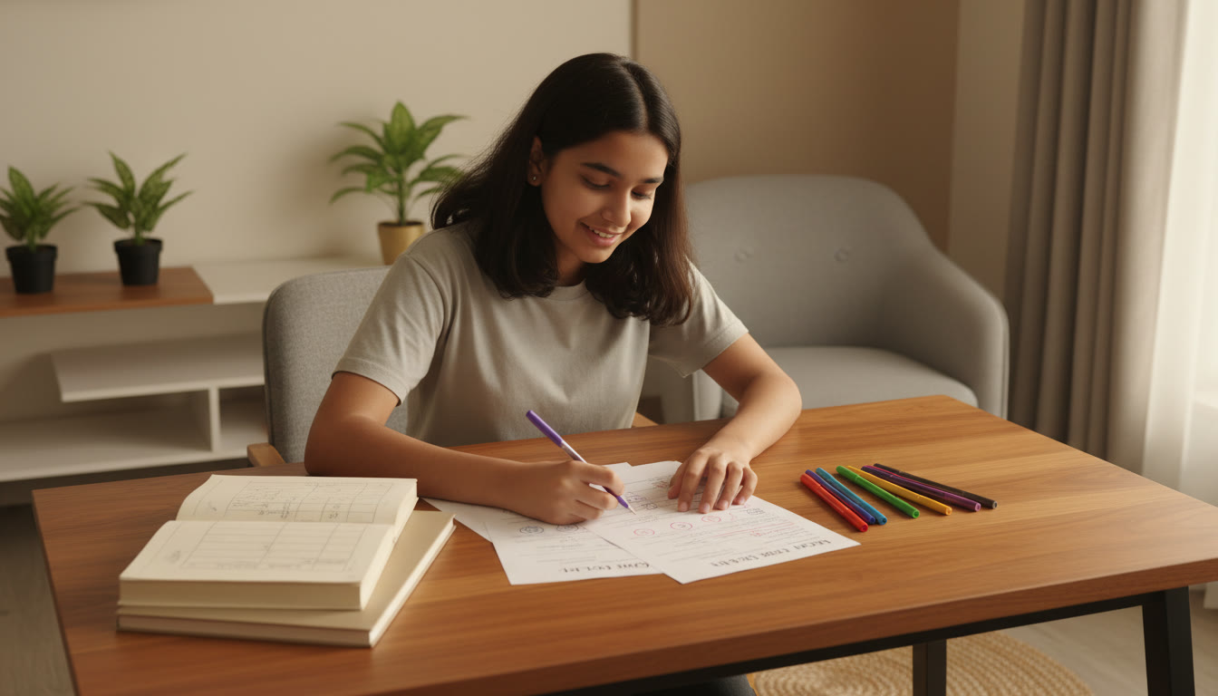 Photo Idea : A student analyzing a mock test paper with coloured pens and an 