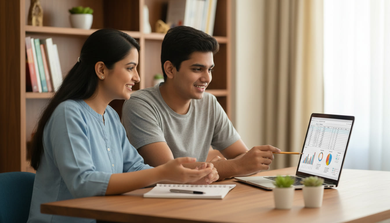 Photo Idea : A student and a tutor reviewing a time-log with a laptop open showing a mock test report