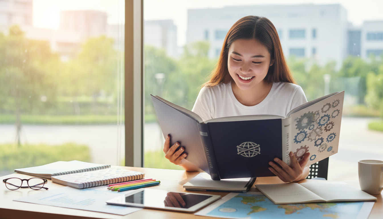 Photo Idea : Student at a desk comparing textbooks while smiling, study materials spread out