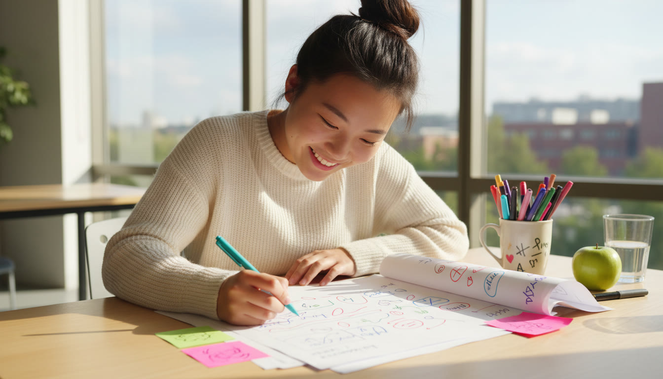 Photo Idea : a student annotating a draft with colored pens, showing tracked edits and evaluation notes