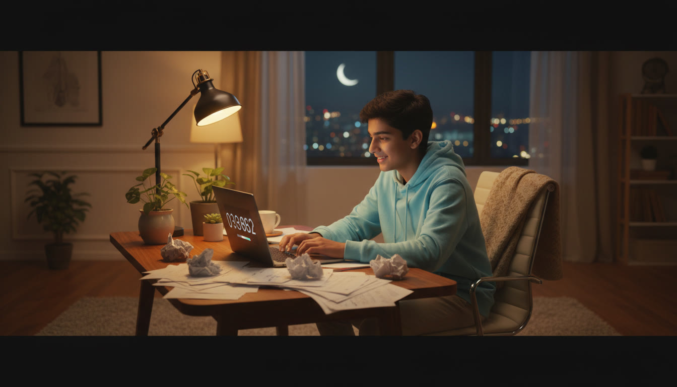 Photo Idea : A focused student at a desk late at night, surrounded by question papers and a digital timer on a laptop