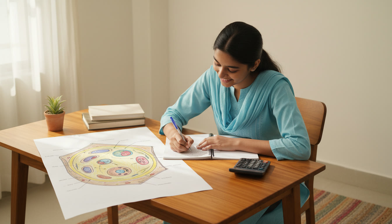 Photo Idea : A focused student writing notes beside a neatly labeled science diagram and calculator