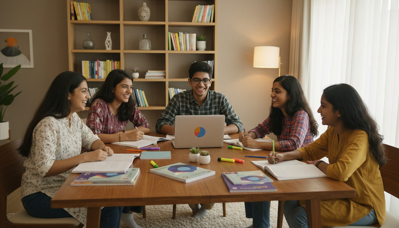 Photo Idea : A small group of diverse students around a table with CBSE textbooks, notebooks, and a laptop, smiling and planning.