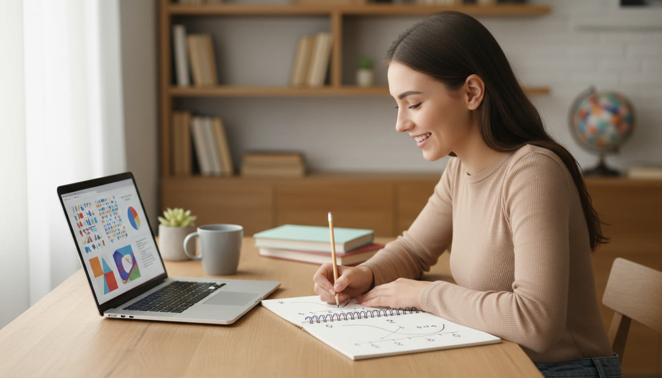 Photo Idea : student sketching a graph and labeling variables on a notebook beside a laptop