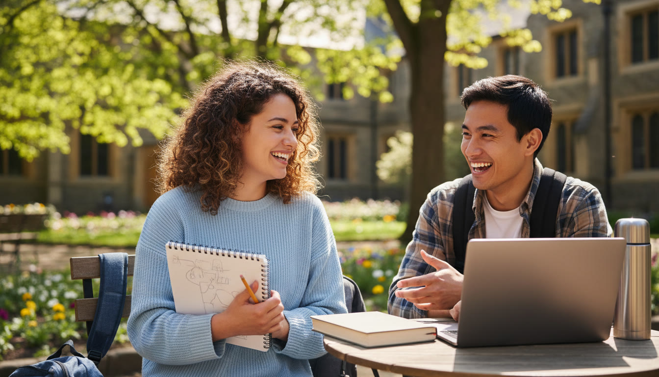 Photo Idea : Two students meeting outdoors with notebooks and a laptop, smiling and discussing a small project