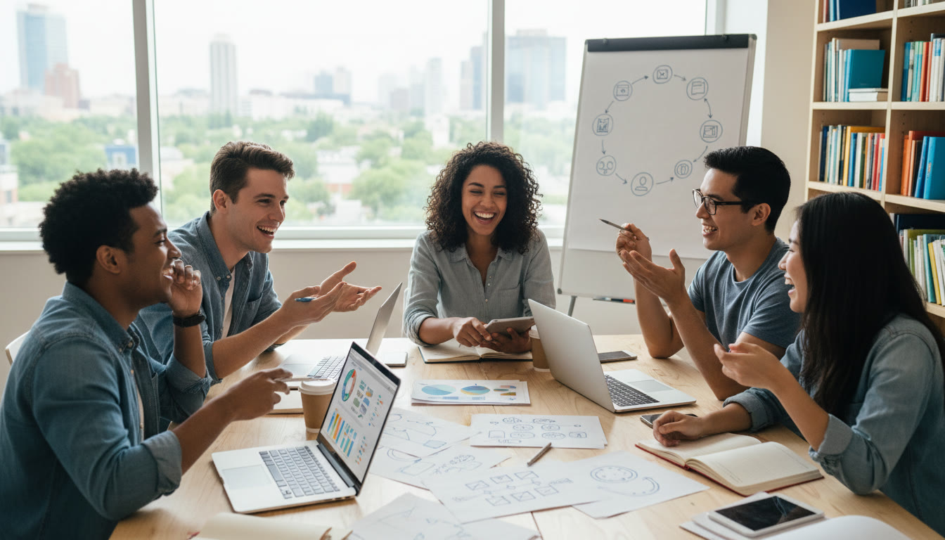 Photo Idea : A diverse group of IB students gathered around a table, planning careers with notebooks and laptops