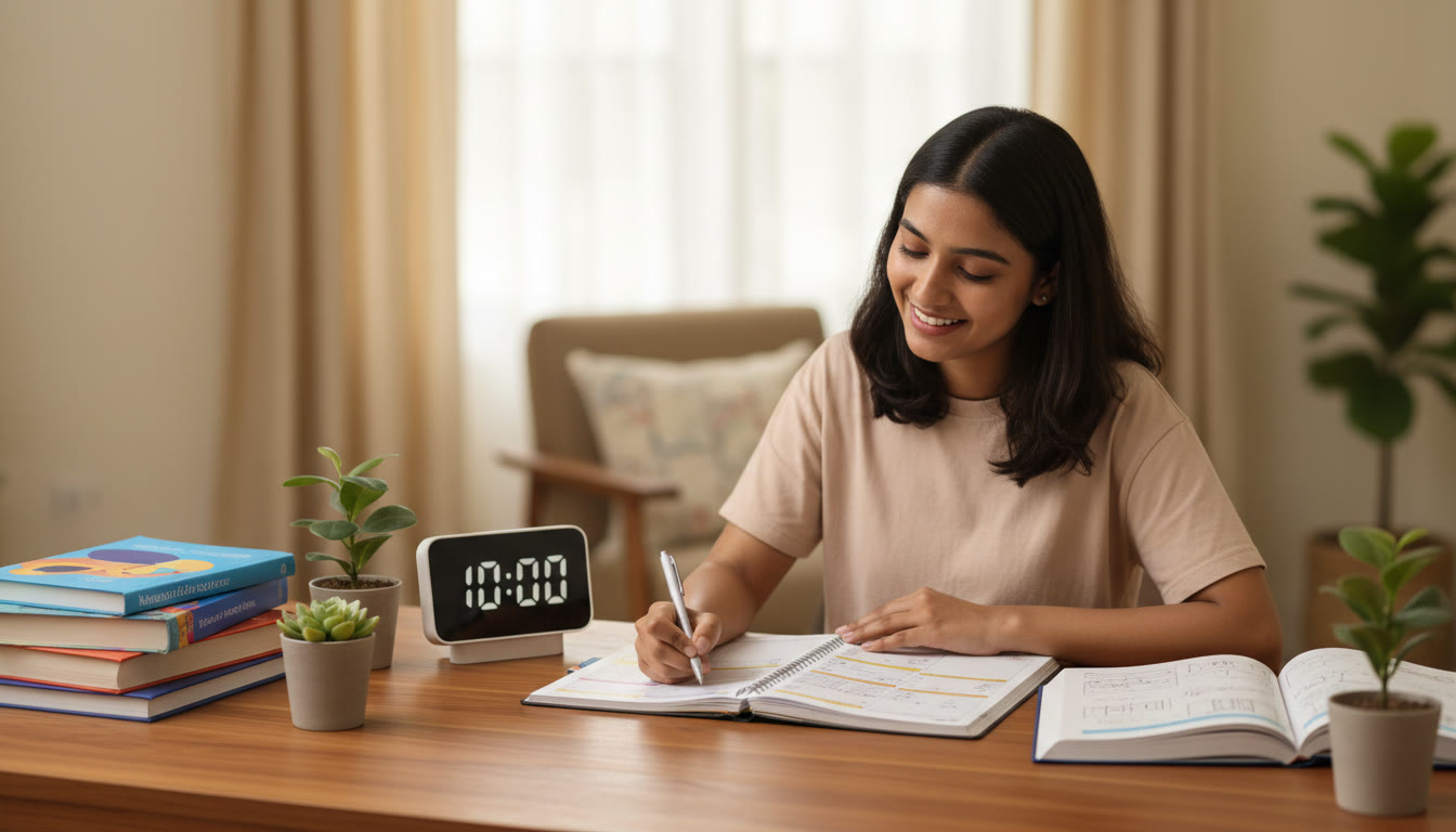 Photo Idea : Student at a tidy desk, planner open, clock and textbooks visible