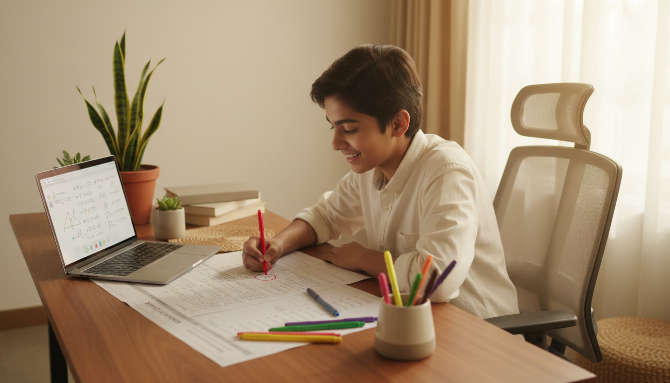 Photo Idea : A student analyzing mistakes on a printed NEET physics mock paper with colored pens and a laptop nearby