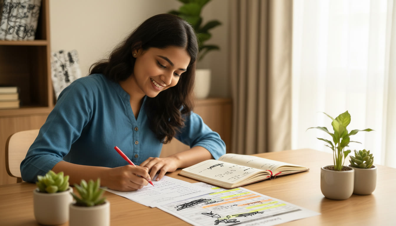 Photo Idea : A student marking a mock answer paper at a table with a notebook of mistakes and a highlighted timetable