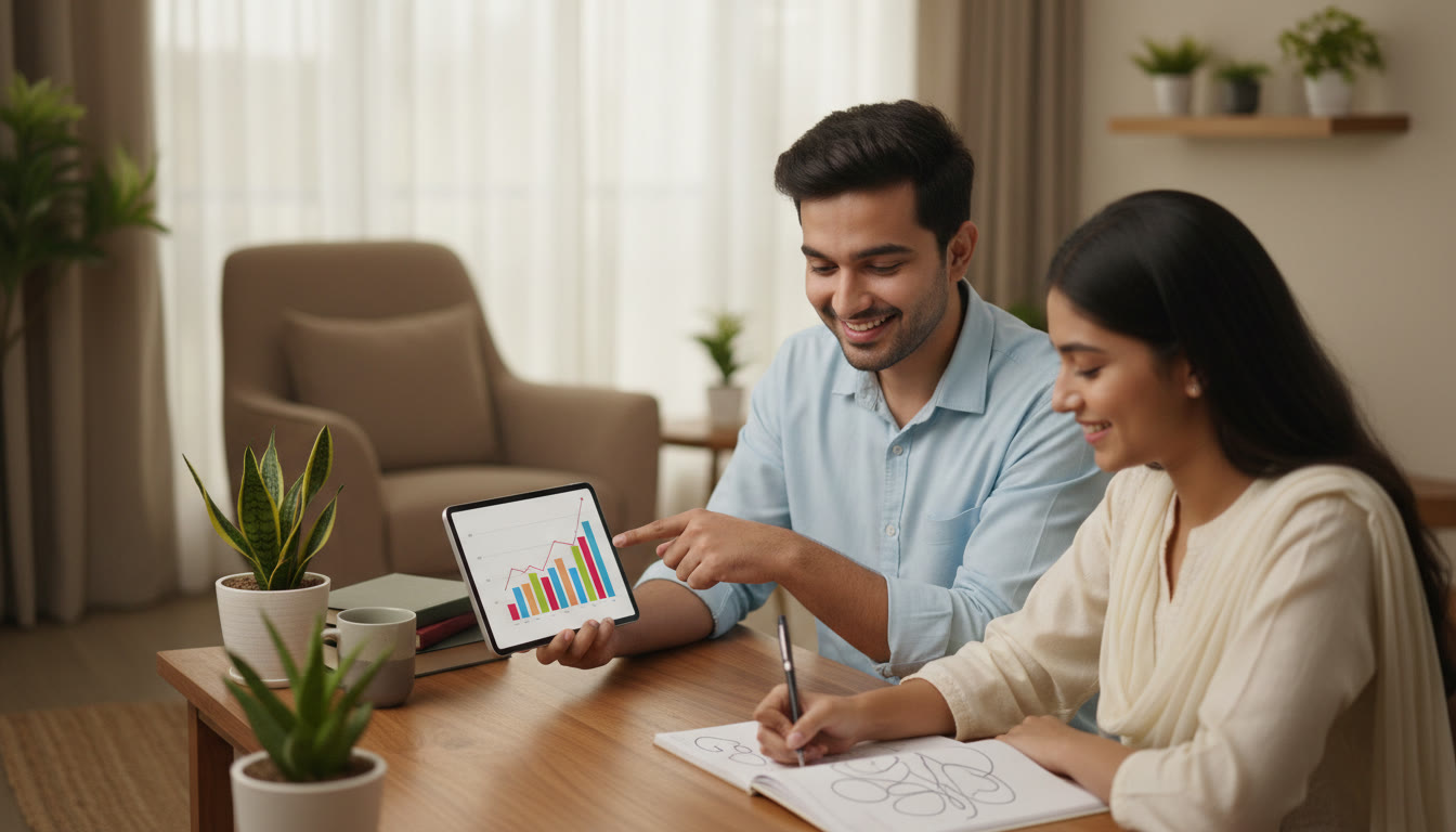 Photo Idea : A tutor pointing at a performance dashboard on a tablet while a student takes notes