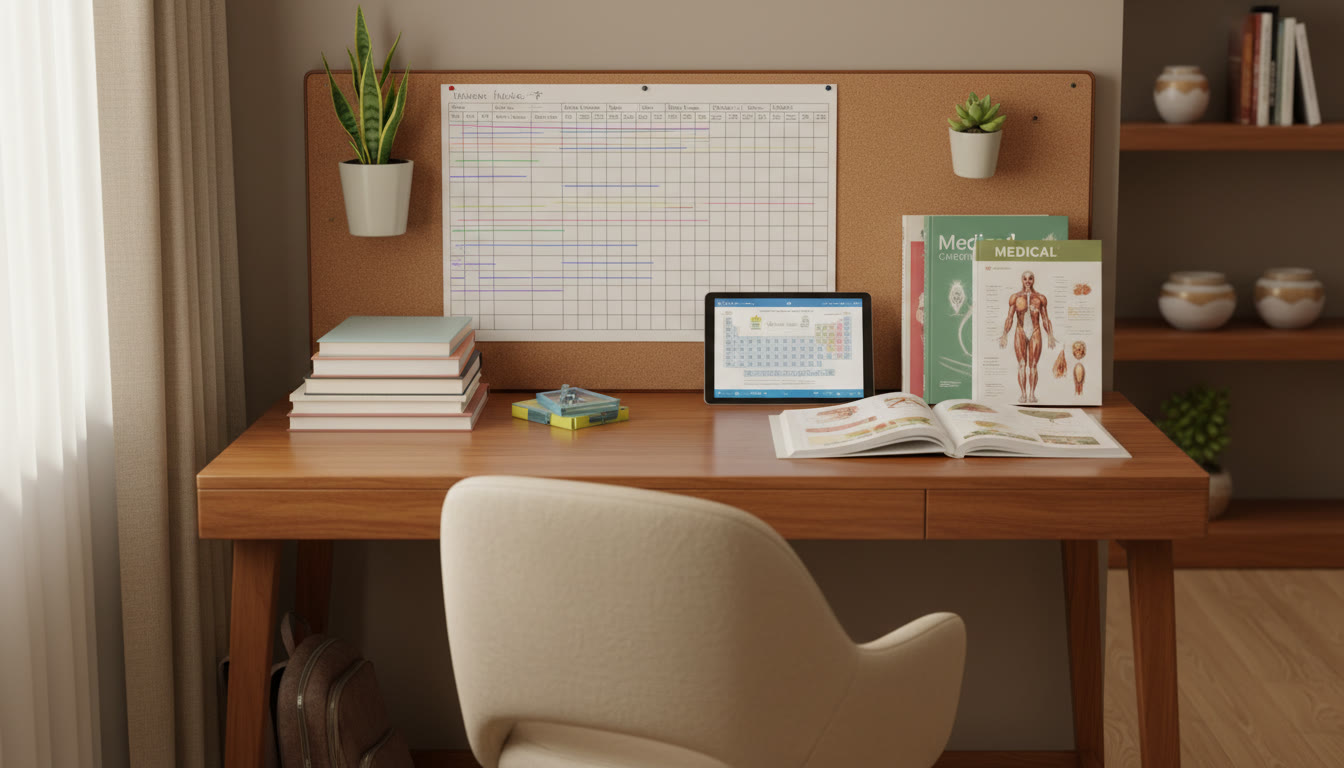 Photo Idea : A student’s desk split between schoolbooks and NEET prep materials, with a visible timetable sheet.