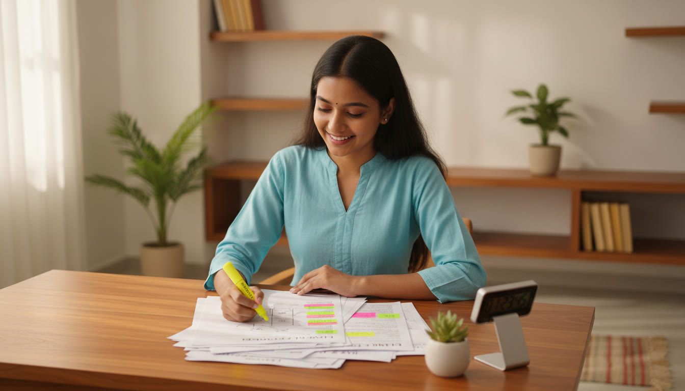 Photo Idea : student analyzing a printed mock test with color-coded notes and a stopwatch on the desk