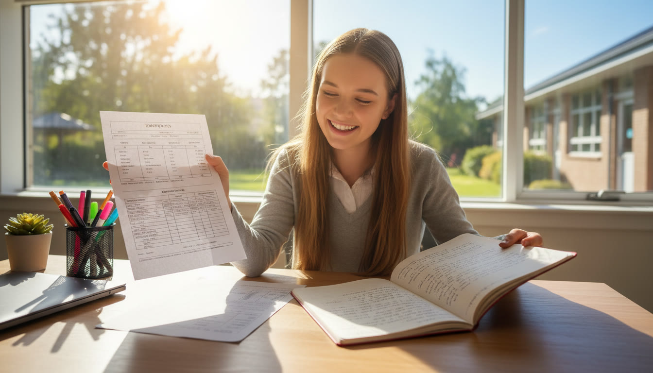 Photo Idea : Student at a tidy desk comparing a printed transcript and a draft essay, sunlight on the page