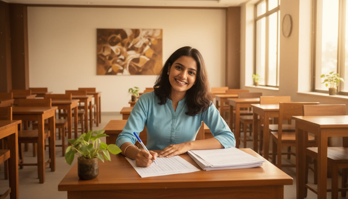 Photo Idea : Student sitting in an exam hall setting filling an OMR sheet with a pen