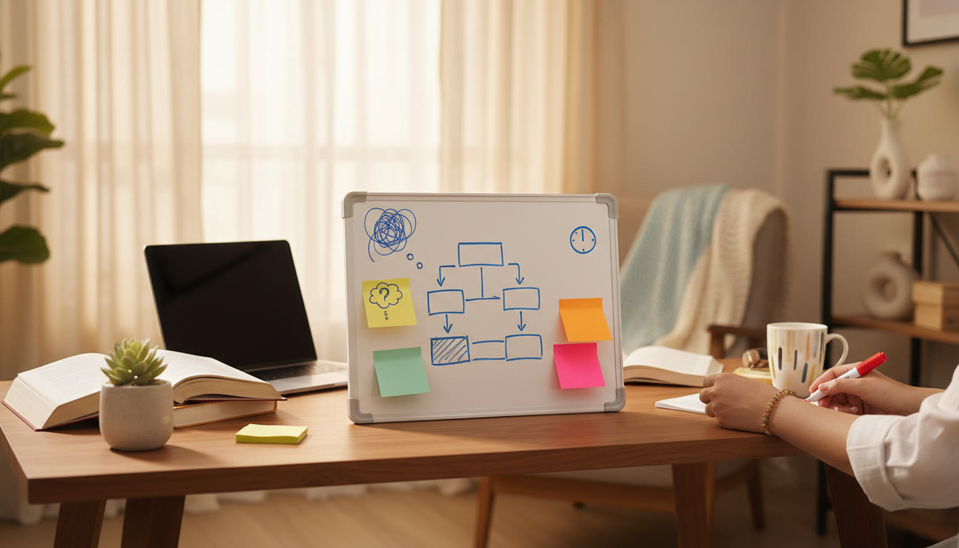 Photo Idea : A small whiteboard with a mistake-analysis chart and sticky notes showing categories like