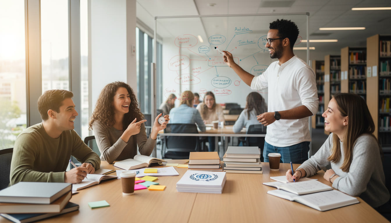 Photo Idea : a study group around a table, one student timing another while papers and notes are visible