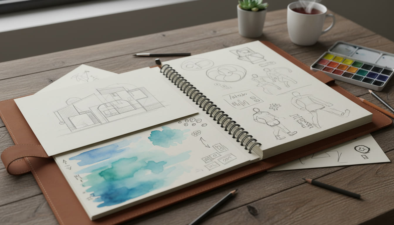 Photo Idea : A neatly organized portfolio laid open on a table showing projects, sketches, and annotated notes